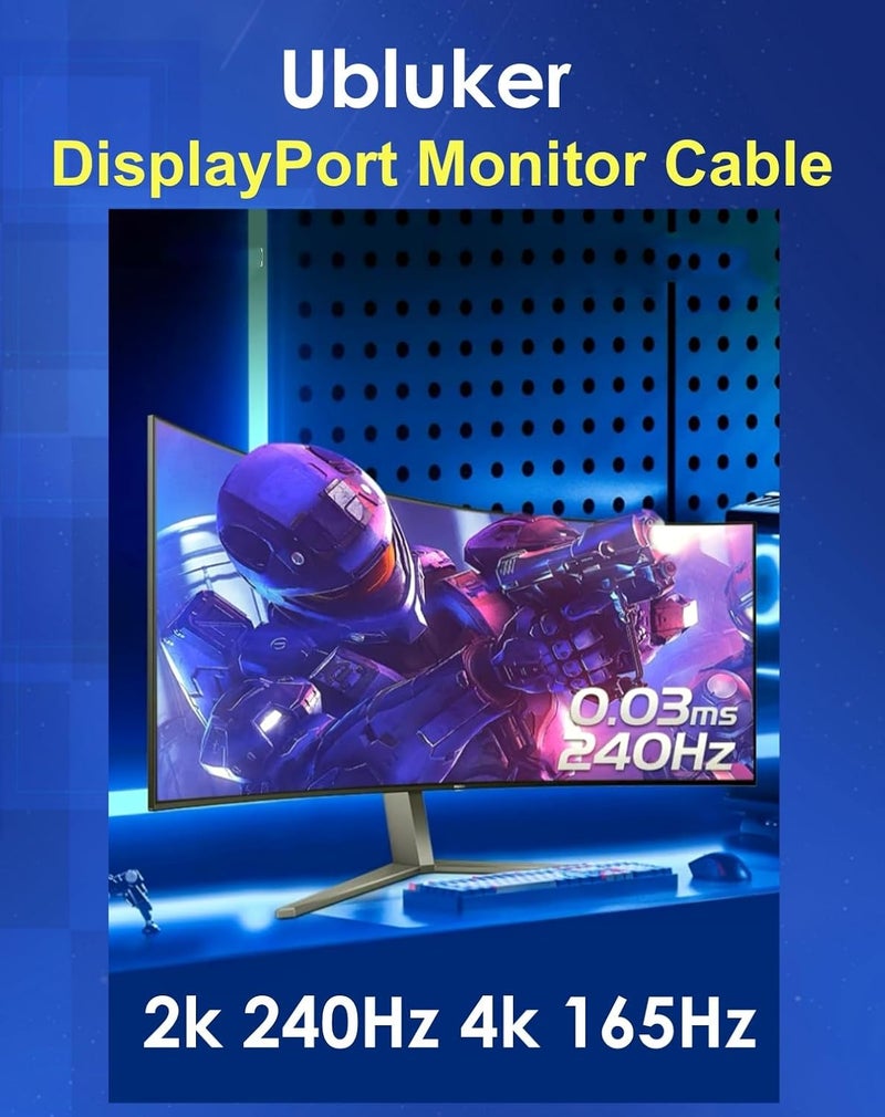 Ubluker كابل DisplayPort 2.1 10K 8K 54Gbps بطول 13 قدم، كابل معتمد DP إلى DP 4K 240Hz 165Hz 144Hz 120Hz 10K 8K 120Hz مع حياكة نايلون UHBR HDCP2.3 FreeSync G-Sync RTX5090 لشاشة الألعاب أو جهاز العرض - Image 4